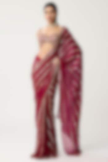 Ruby Red Georgette Mirror Embroidered Reception Saree Set by Vvani by Vani Vats at Pernia's Pop Up Shop