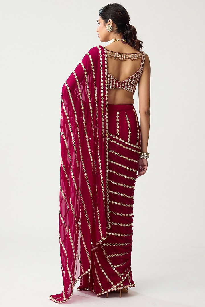 Ruby Red Georgette Mirror Embroidered Reception Saree Set by Vvani by Vani Vats at Pernia's Pop Up Shop