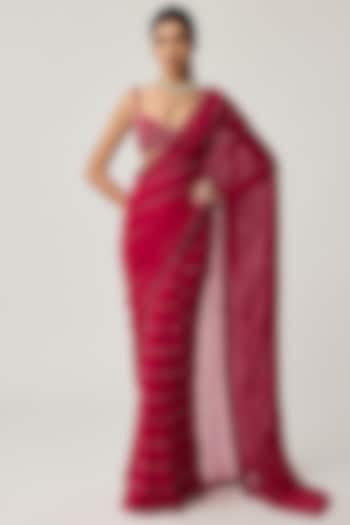Ruby Red Georgette Crystal Embroidered Reception Saree Set by Vvani by Vani Vats at Pernia's Pop Up Shop