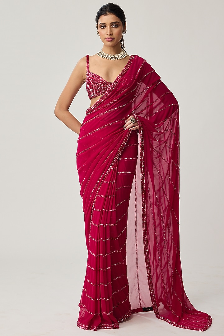 Ruby Red Georgette Crystal Embroidered Reception Saree Set by Vvani by Vani Vats at Pernia's Pop Up Shop
