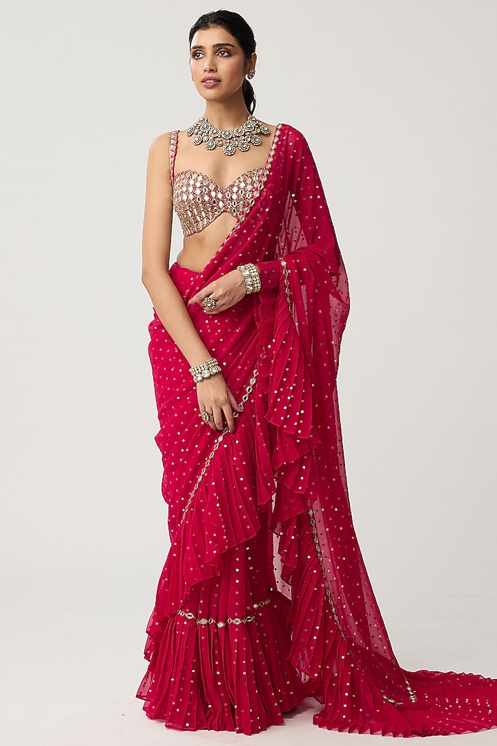 Crimson Red Georgette Mirror Embroidered Ruffled Wedding Saree Set by Vvani by Vani Vats at Pernia's Pop Up Shop