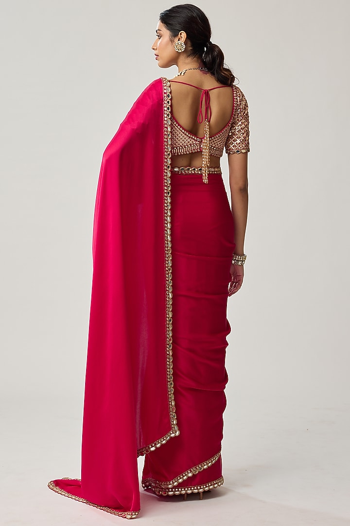 Crimson Red Satin Gota Embroidered Wedding Saree Set by Vvani by Vani Vats at Pernia's Pop Up Shop