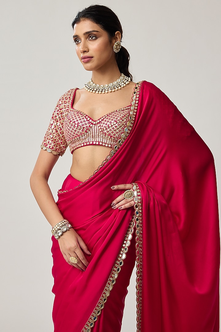 Crimson Red Satin Gota Embroidered Wedding Saree Set by Vvani by Vani Vats at Pernia's Pop Up Shop