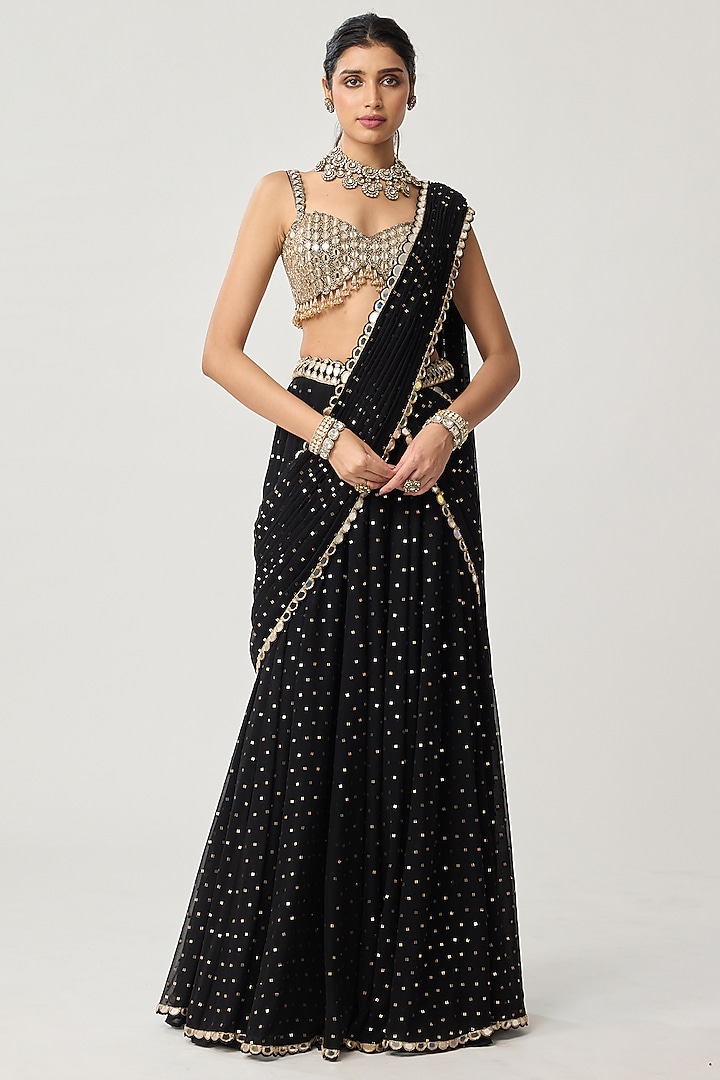 Black Georgette Mirror Embroidered Flared Pant Wedding Saree Set by Vvani by Vani Vats at Pernia's Pop Up Shop