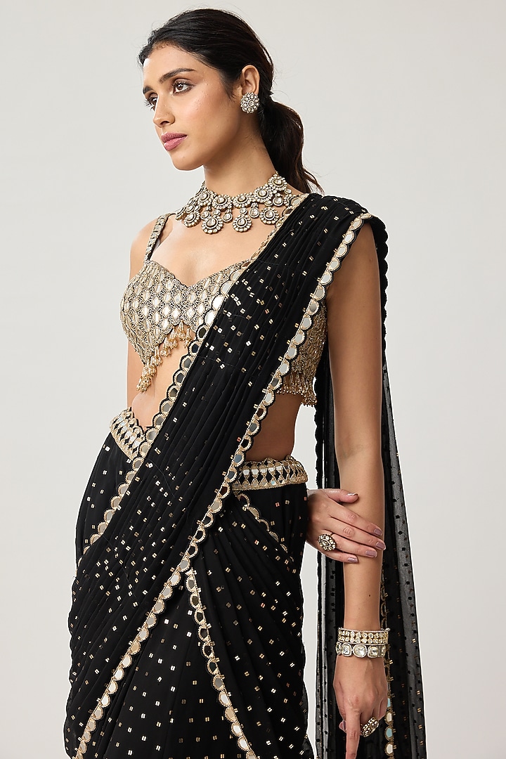 Black Georgette Mirror Embroidered Flared Pant Wedding Saree Set by Vvani by Vani Vats at Pernia's Pop Up Shop