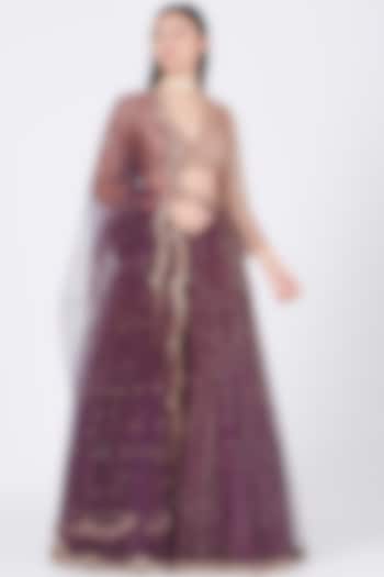 Wine Silk Mirror Embroidered Wedding Lehenga Set by Vvani by Vani Vats at Pernia's Pop Up Shop