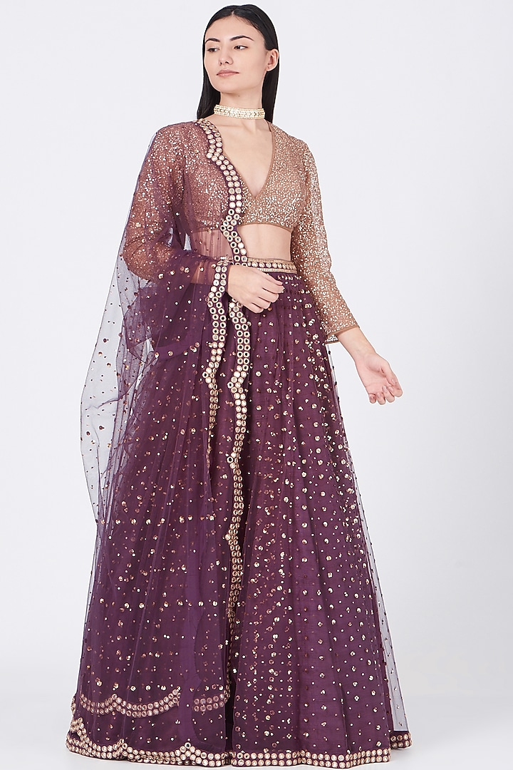 Wine Silk Mirror Embroidered Wedding Lehenga Set by Vvani by Vani Vats at Pernia's Pop Up Shop