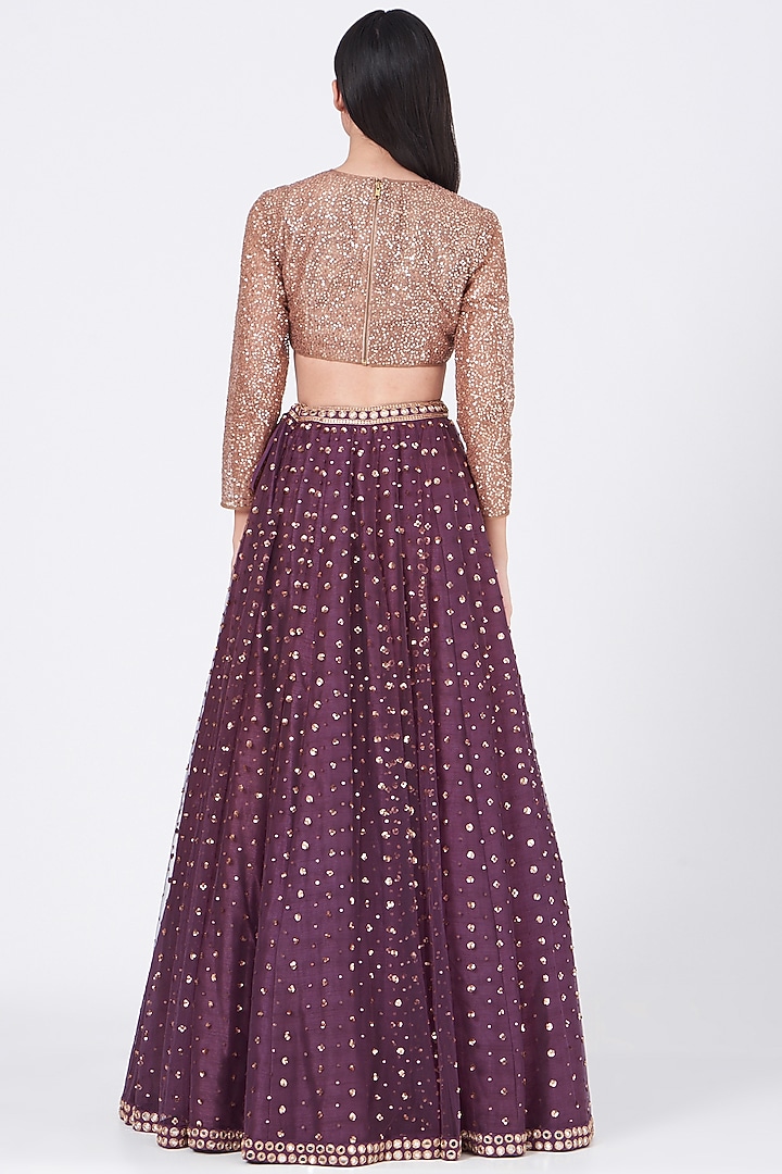 Wine Silk Mirror Embroidered Wedding Lehenga Set by Vvani by Vani Vats at Pernia's Pop Up Shop
