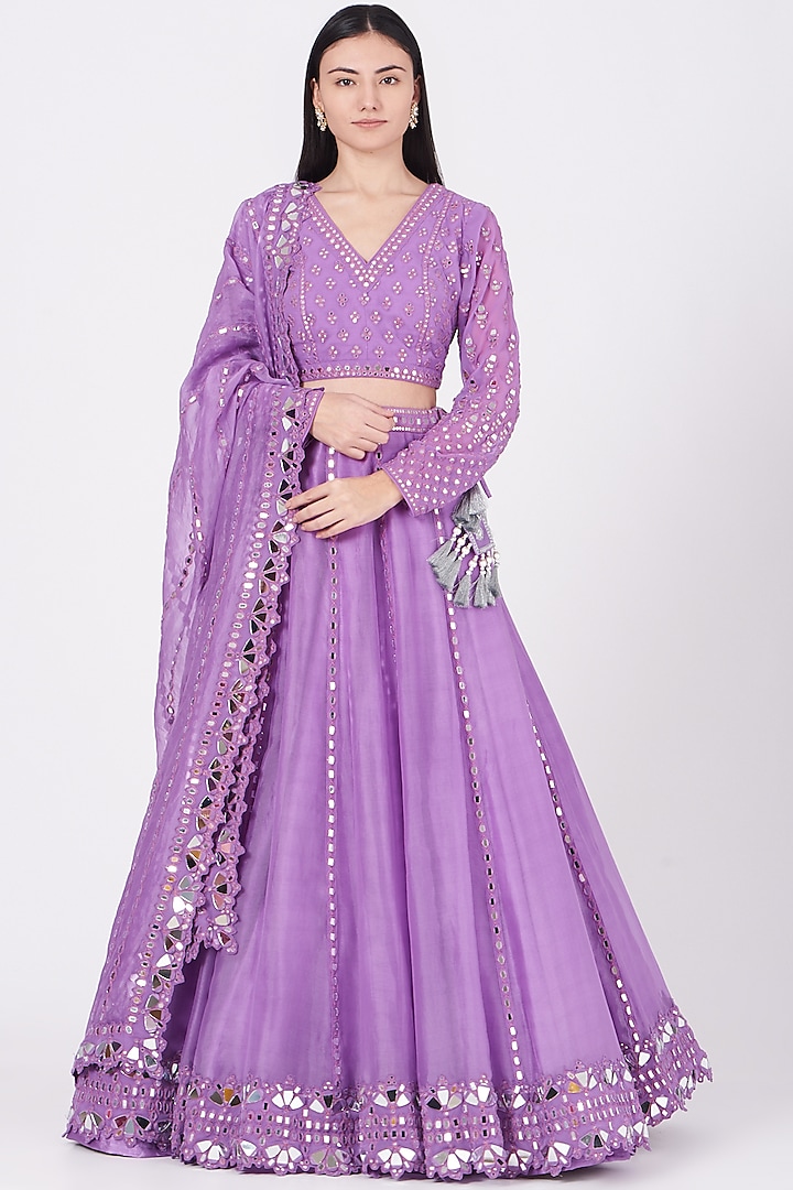 Mauve Georgette Hand Embroidered Wedding Lehenga Set by Vvani by Vani Vats at Pernia's Pop Up Shop