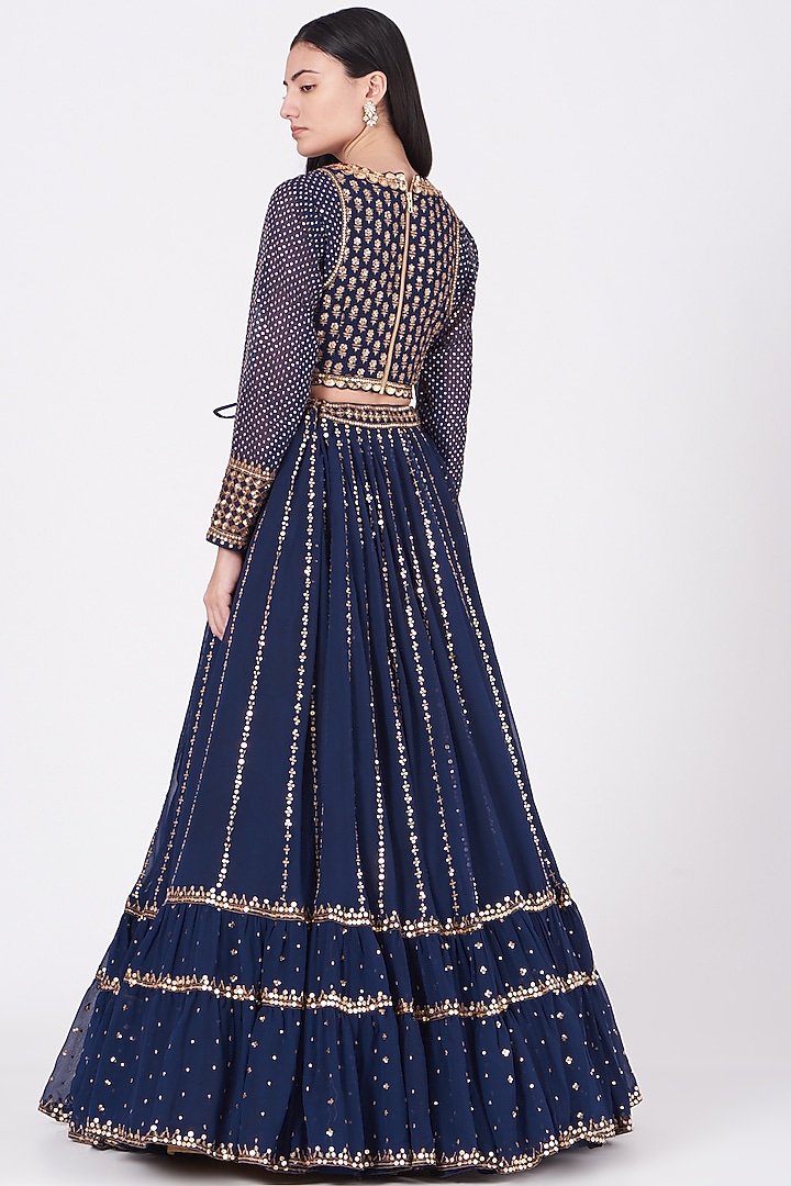 Blue Georgette Hand Embroidered Wedding Lehenga Set by Vvani by Vani Vats at Pernia's Pop Up Shop