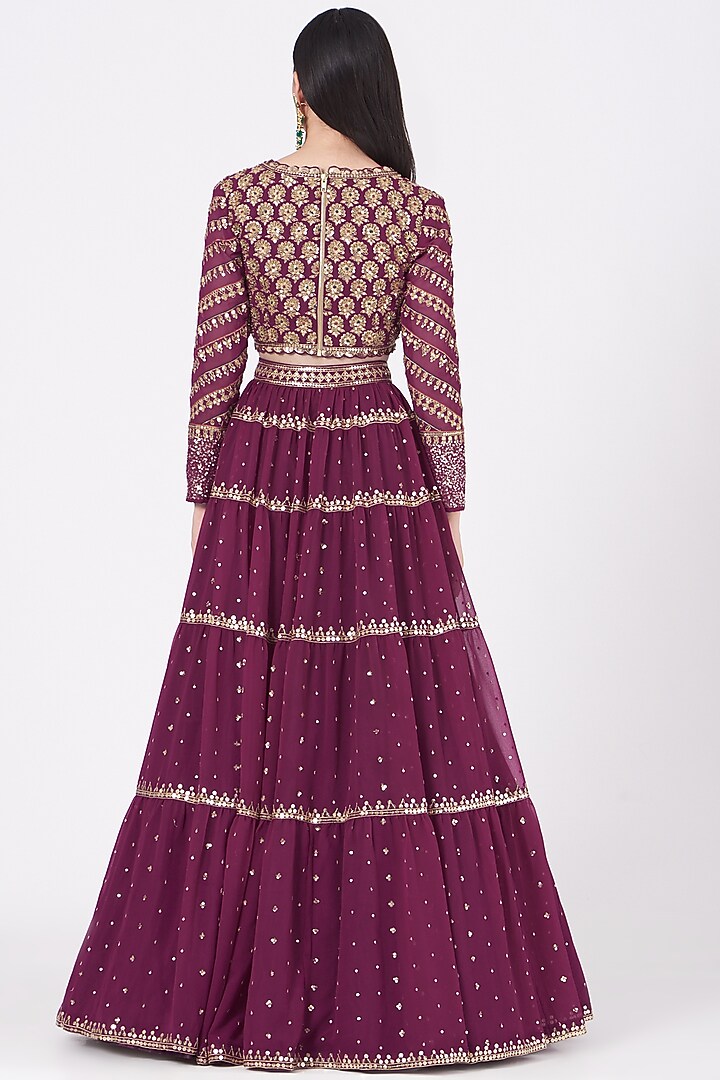 Wine Georgette Hand Embroidered Tiered Wedding Lehenga Set by Vvani by Vani Vats at Pernia's Pop Up Shop