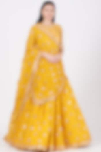 Mustard Organza Hand Embroidered Wedding Lehenga Set by Vvani by Vani Vats at Pernia's Pop Up Shop