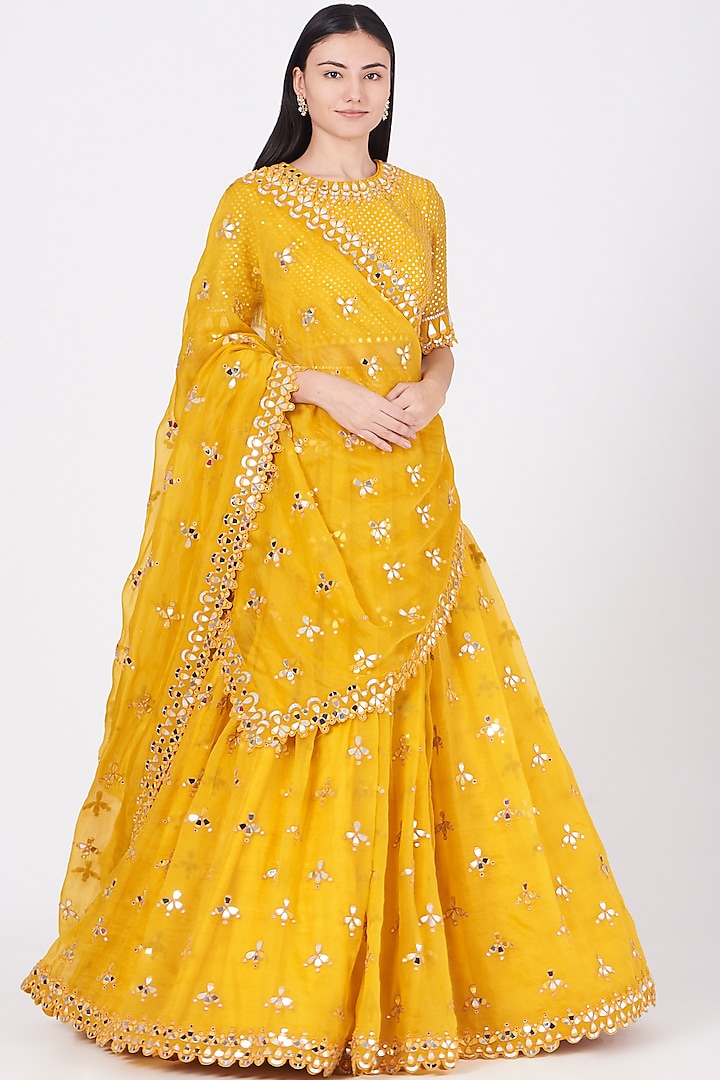 Mustard Organza Hand Embroidered Wedding Lehenga Set by Vvani by Vani Vats at Pernia's Pop Up Shop