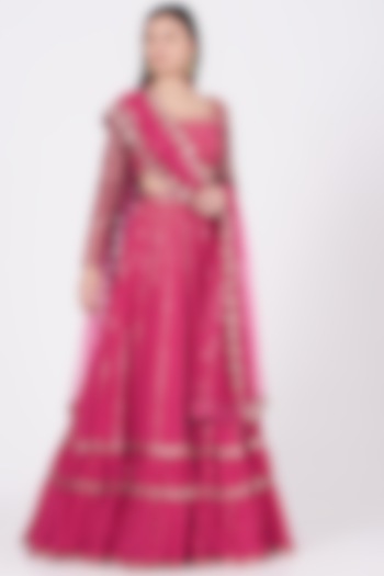 Crimson Red Georgette Hand Embroidered Lehenga Set by Vvani by Vani Vats