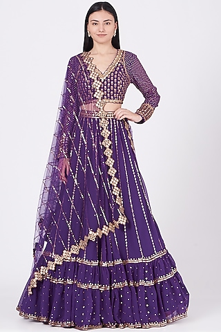 Purple Georgette Hand Embroidered Lehenga Set by Vvani by Vani Vats