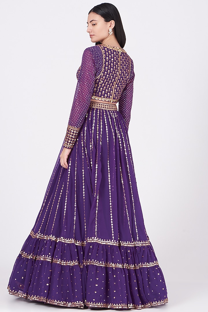 Purple Georgette Hand Embroidered Wedding Lehenga Set by Vvani by Vani Vats at Pernia's Pop Up Shop