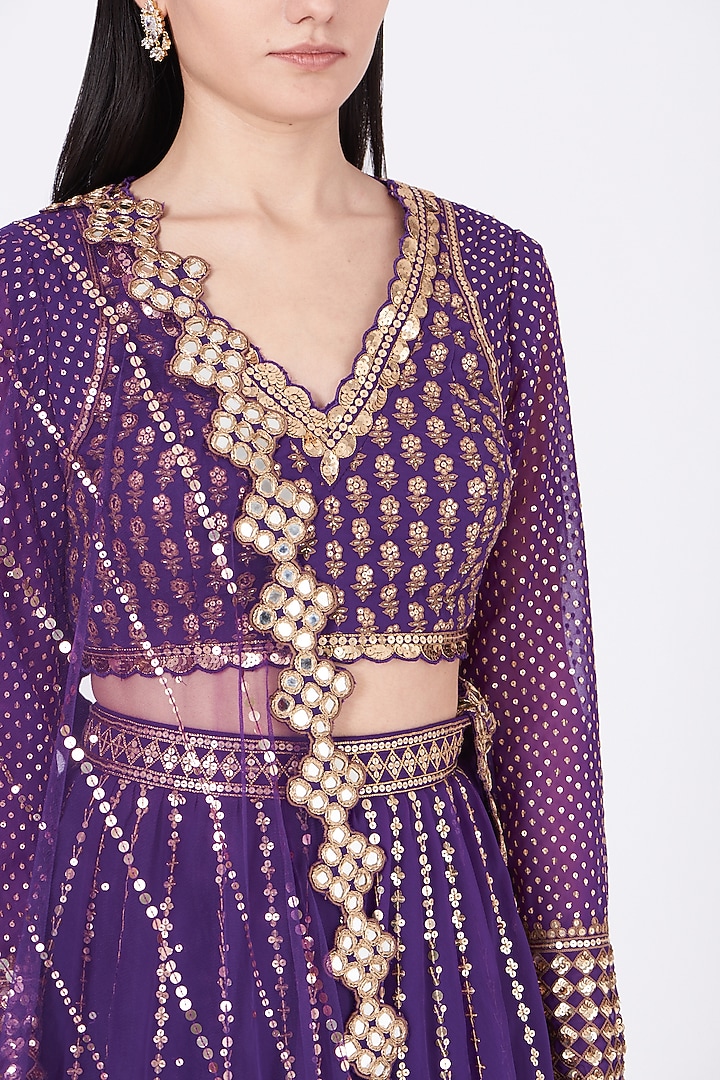 Purple Georgette Hand Embroidered Wedding Lehenga Set by Vvani by Vani Vats at Pernia's Pop Up Shop