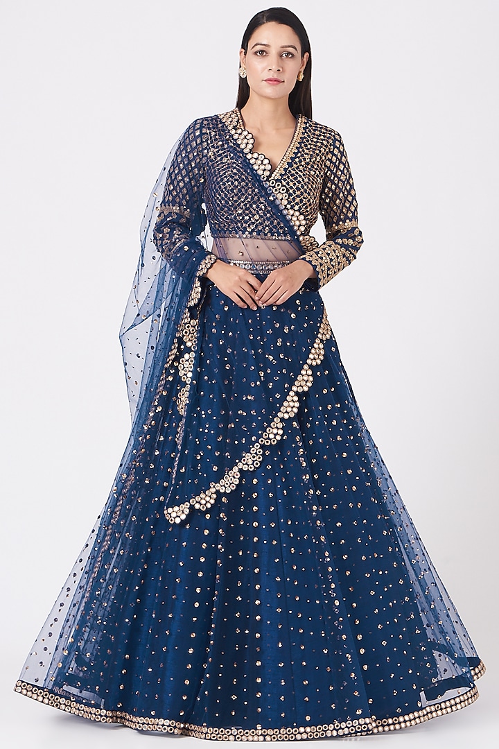 Cobalt Blue Georgette Embroidered Wedding Lehenga Set by Vvani by Vani Vats at Pernia's Pop Up Shop