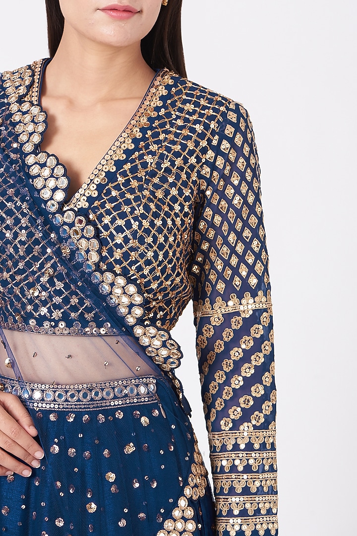 Cobalt Blue Georgette Embroidered Wedding Lehenga Set by Vvani by Vani Vats at Pernia's Pop Up Shop
