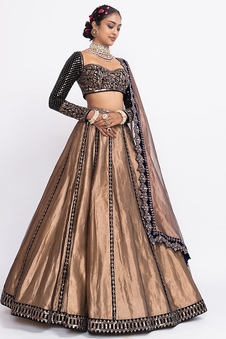 Copper Tissue Hand Embroidered Lehenga Set by Vvani by Vani Vats