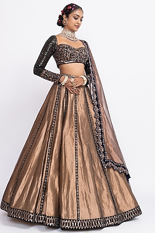 Copper Tissue Hand Embroidered Lehenga Set by Vvani by Vani Vats