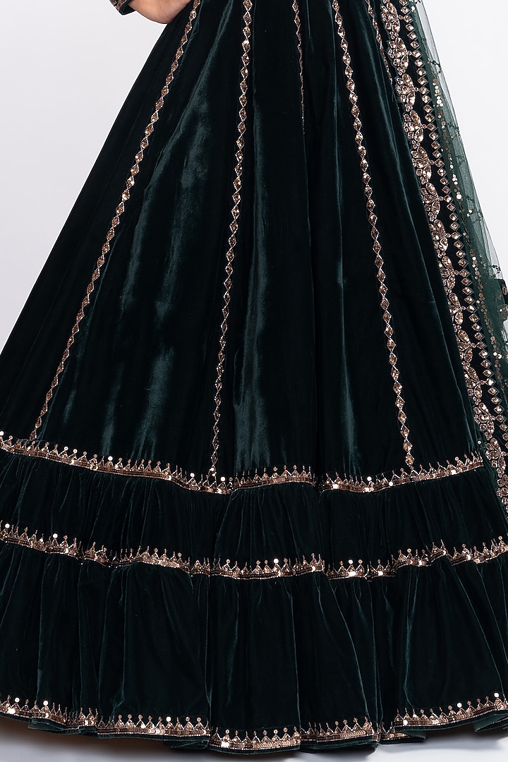 Dark Green Velvet Layered Wedding Lehenga Set by Vvani by Vani Vats at Pernia's Pop Up Shop