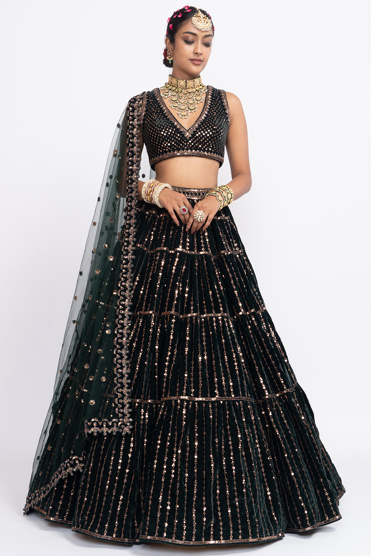 Deep Green Hand Embroidered Lehenga Set by Vvani by Vani Vats