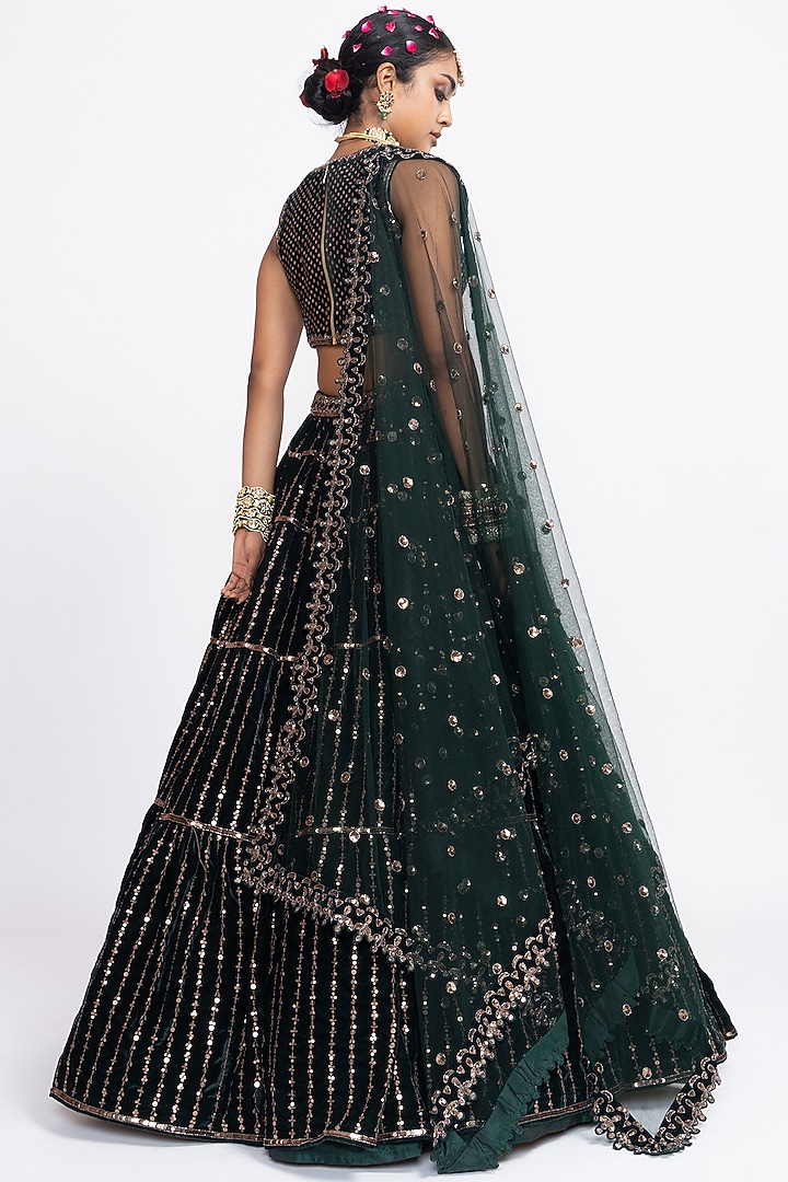 Deep Green Velvet Hand Embroidered Wedding Lehenga Set by Vvani by Vani Vats at Pernia's Pop Up Shop