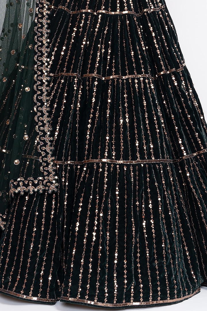 Deep Green Velvet Hand Embroidered Wedding Lehenga Set by Vvani by Vani Vats at Pernia's Pop Up Shop