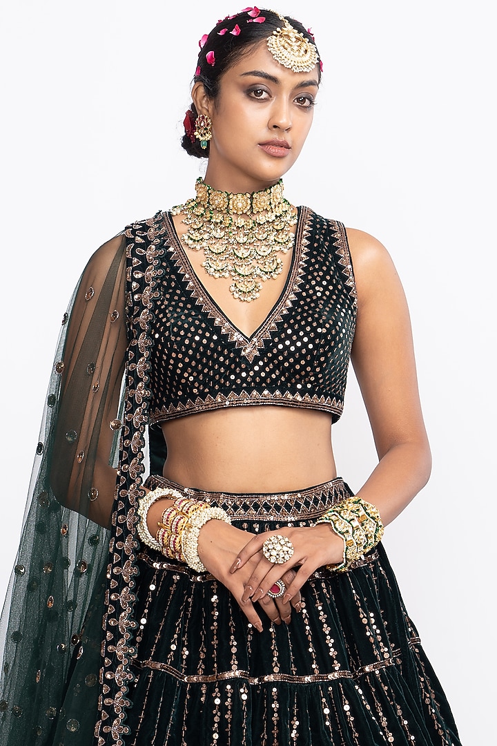 Deep Green Velvet Hand Embroidered Wedding Lehenga Set by Vvani by Vani Vats at Pernia's Pop Up Shop