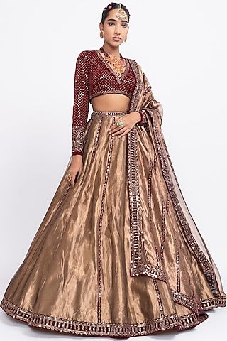Copper Tissue Hand Embroidered Lehenga Set by Vvani by Vani Vats