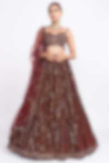 Deep Red Hand Embroidered Lehenga Set by Vvani by Vani Vats