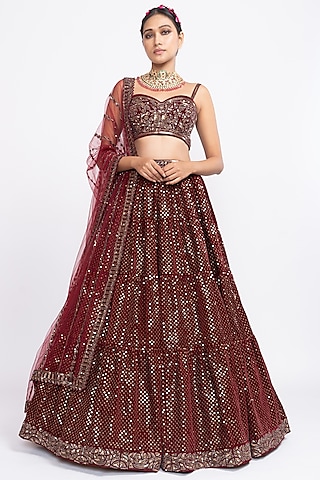 Deep Red Velvet Hand Embroidered Lehenga Set by Vvani by Vani Vats