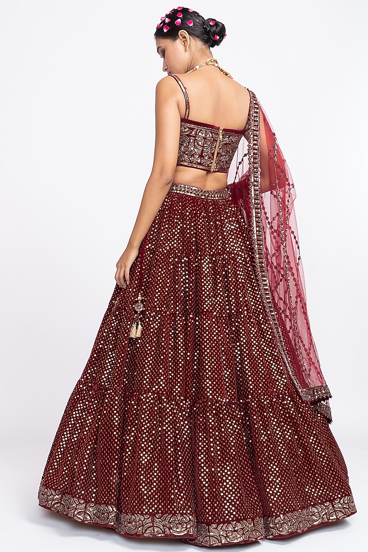 Deep Red Velvet Hand Embroidered Wedding Lehenga Set by Vvani by Vani Vats at Pernia's Pop Up Shop