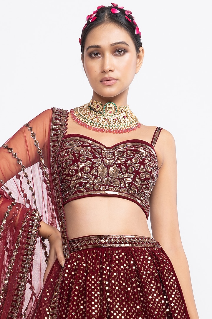 Deep Red Velvet Hand Embroidered Wedding Lehenga Set by Vvani by Vani Vats at Pernia's Pop Up Shop