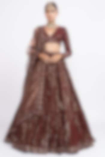 Red Embroidered Lehenga Set by Vvani by Vani Vats