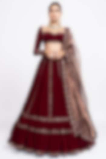 Red Velvet Hand Embroidered & Tiered Lehenga Set by Vvani by Vani Vats