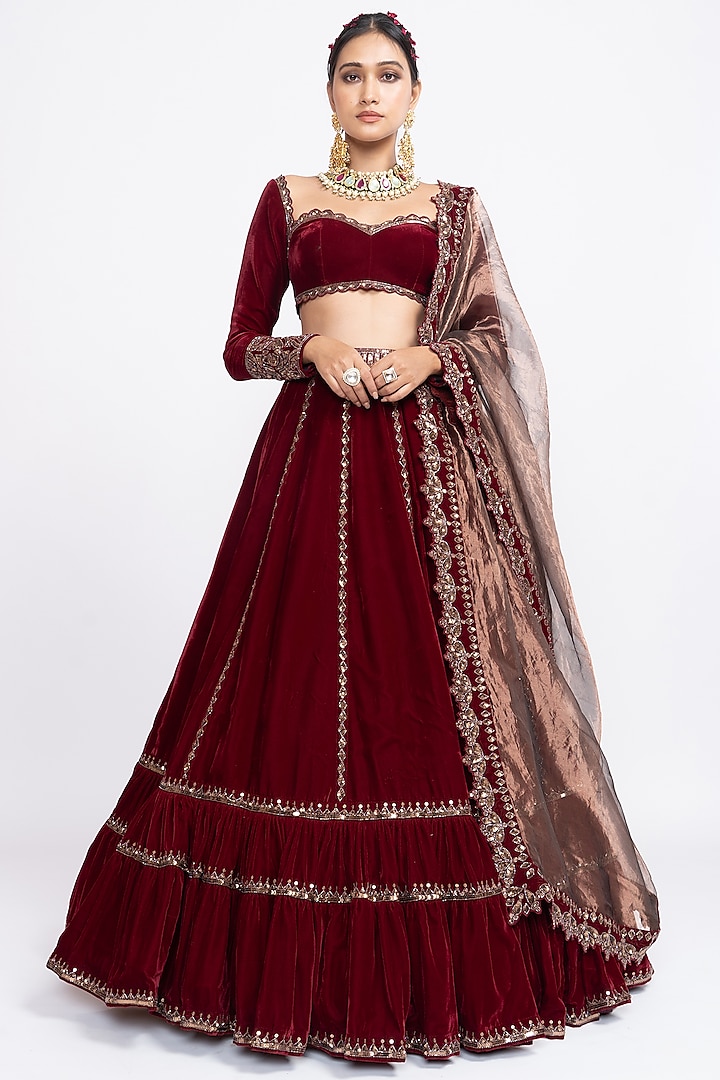 Red Velvet Hand Embroidered & Tiered Lehenga Set by Vvani by Vani Vats
