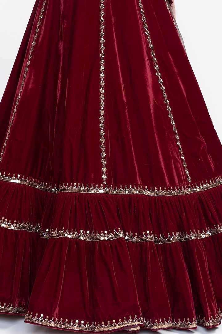 Red Velvet Hand Embroidered & Tiered Wedding Lehenga Set by Vvani by Vani Vats at Pernia's Pop Up Shop