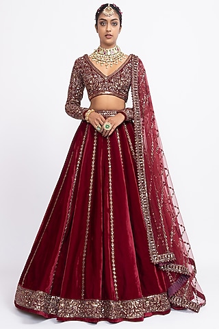 Red Velvet Hand Embroidered 14 Kali Lehenga Set by Vvani by Vani Vats