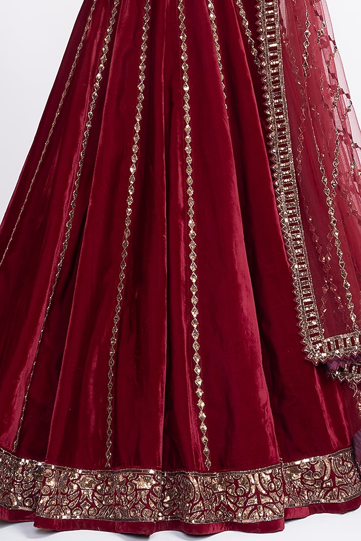 Red Velvet Hand Embroidered 14 Kali Wedding Lehenga Set by Vvani by Vani Vats at Pernia's Pop Up Shop