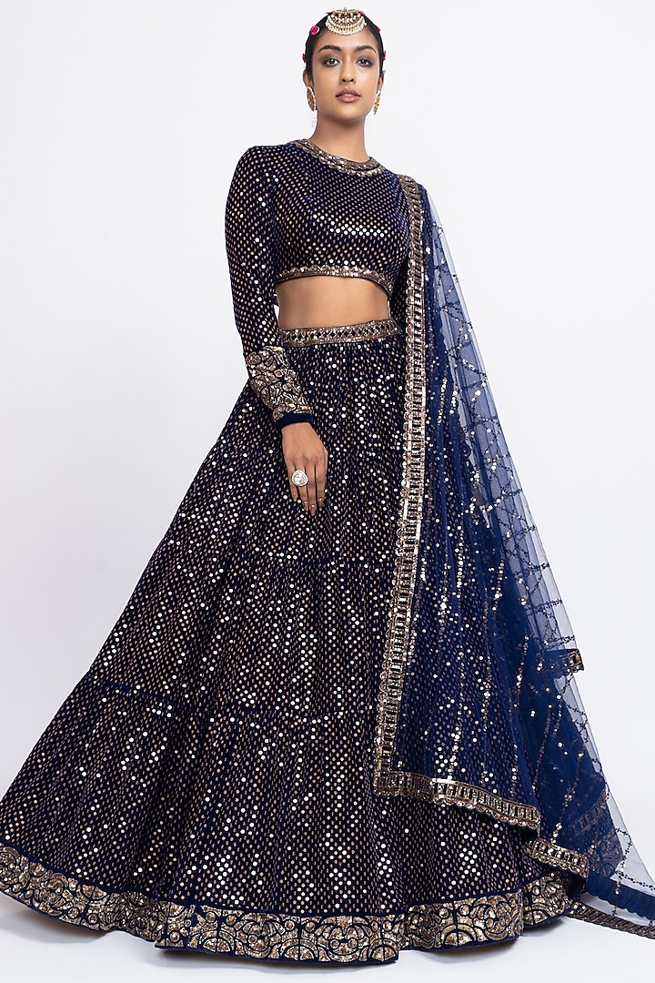 Midnight Blue Velvet Hand Embroidered Bridal Lehenga Set by Vvani by Vani Vats at Pernia's Pop Up Shop