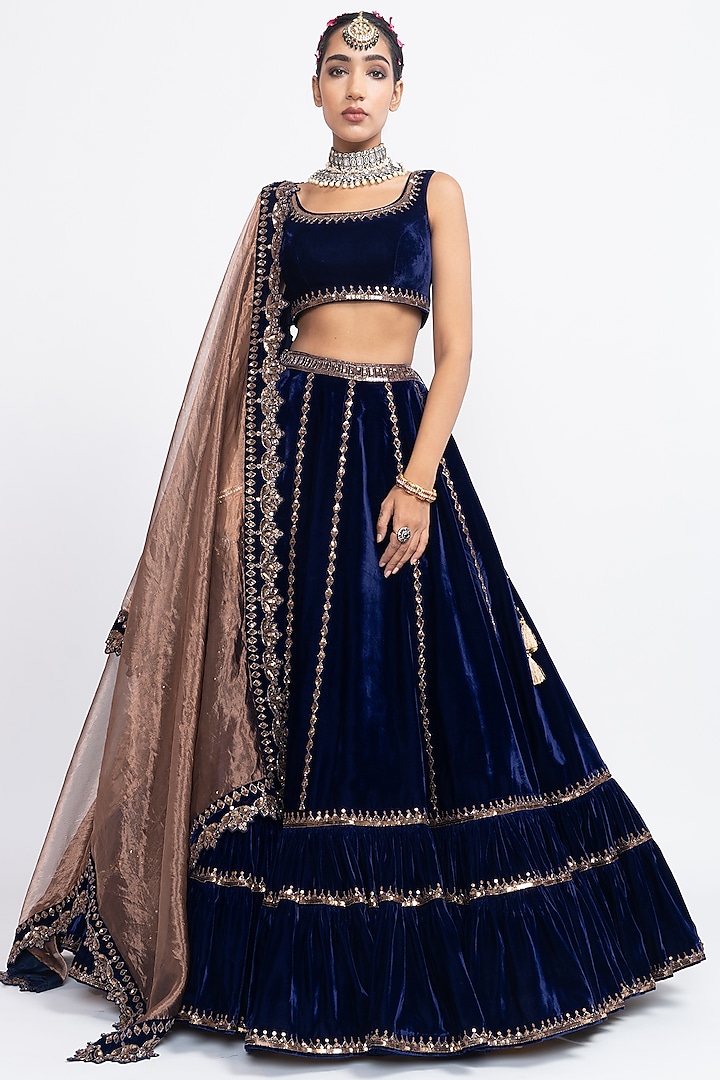 Navy Blue Velvet Layered Lehenga Set by Vvani by Vani Vats