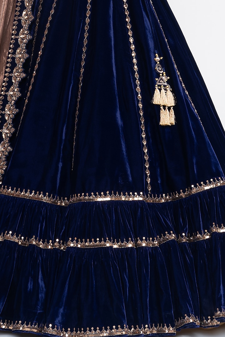 Navy Blue Velvet Layered Wedding Lehenga Set by Vvani by Vani Vats at Pernia's Pop Up Shop