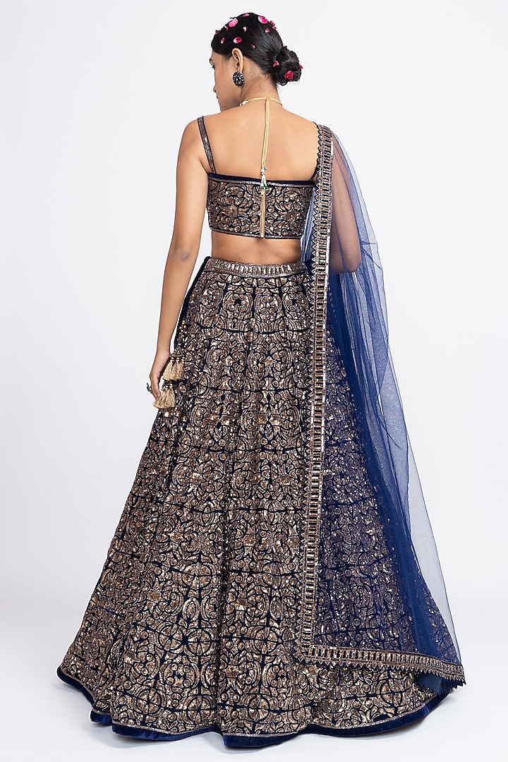 Navy Blue Velvet Geometric Embroidered Bridal Lehenga Set by Vvani by Vani Vats at Pernia's Pop Up Shop