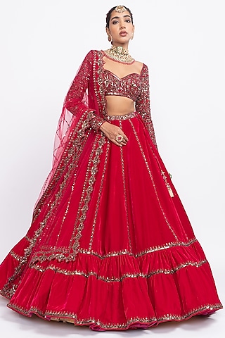 Red Velvet Hand Embroidered Lehenga Set by Vvani by Vani Vats