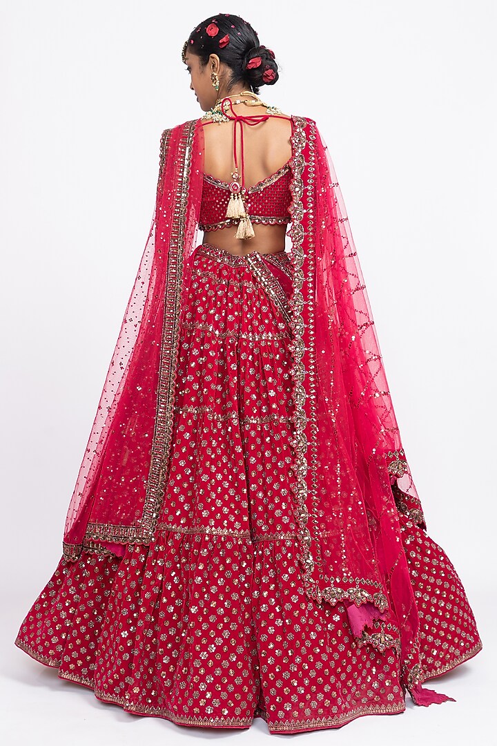 Red Velvet Floral Embroidered Bridal Lehenga Set by Vvani by Vani Vats at Pernia's Pop Up Shop