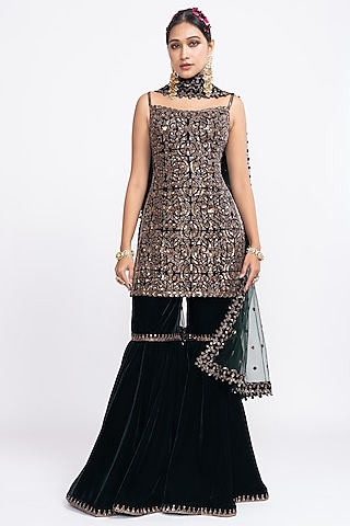 Deep Green Hand Embroidered Sharara Set by Vvani by Vani Vats