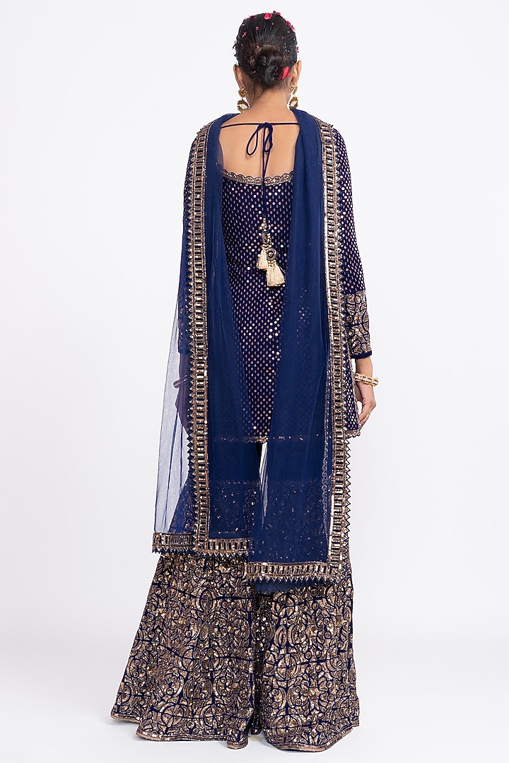 Navy Blue Hand Embroidered Wedding Sharara Set by Vvani by Vani Vats at Pernia's Pop Up Shop