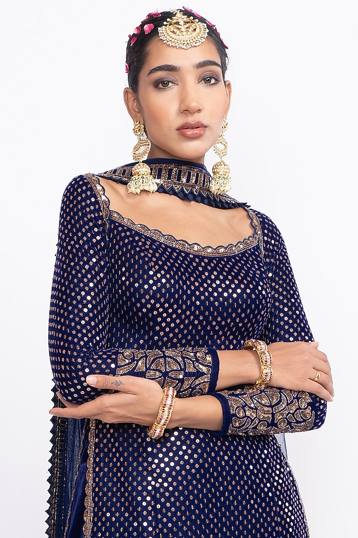 Navy Blue Hand Embroidered Wedding Sharara Set by Vvani by Vani Vats at Pernia's Pop Up Shop